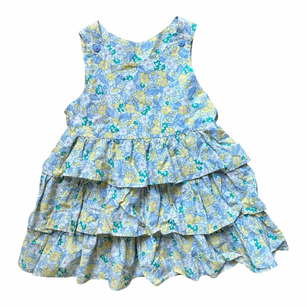 Golden Rainbow Floral Ruffle Dress 4T Blue Cottagecore Vintage 90s USA Made